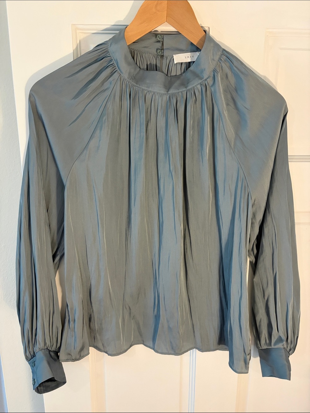 Lush Dusty Blue Pleated High-Neck Blouse